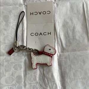 Coach White Leather Dog Charm with Red Trim and Silver Chain
